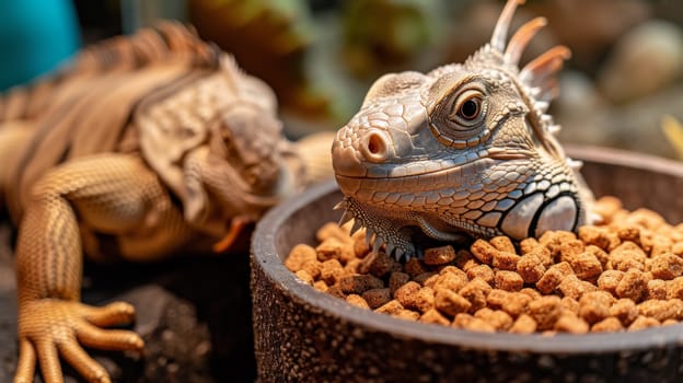 A lizard and a turtle sitting in the bowl of food