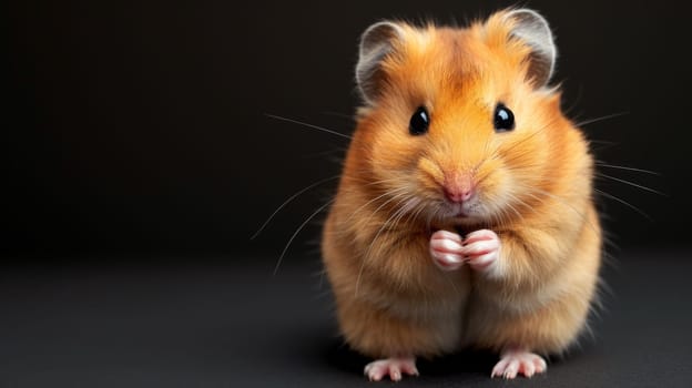 A small brown and white hamster sitting on a black background
