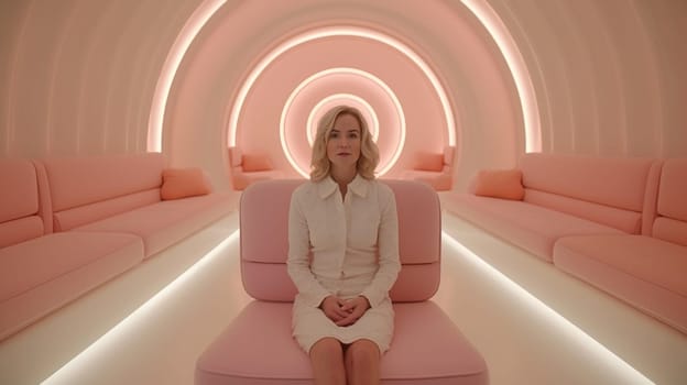 A woman sitting on a pink chair in an empty room