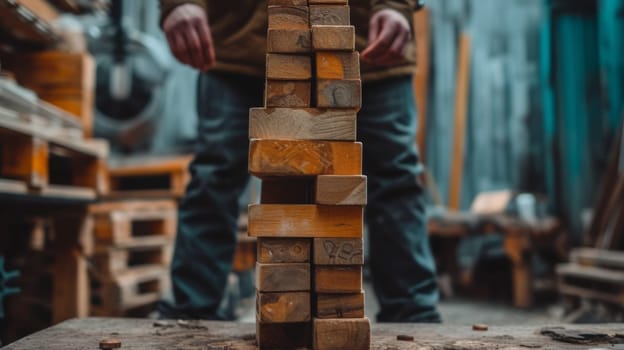 A person standing in front of a stack of wooden blocks