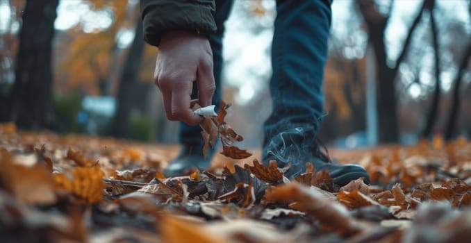 A person is smoking a cigarette in the leaves of autumn