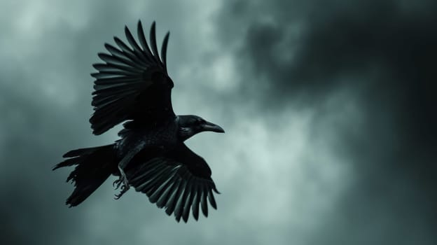 A large black bird flying in the sky with dark clouds