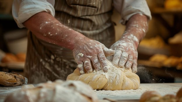 A man kneading dough on a table in an industrial bakery