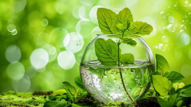 A glass vase with a plant inside of it on top of green grass