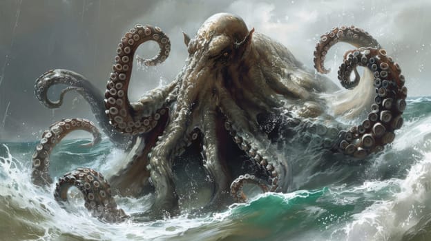 An octopus is in the water with a large body
