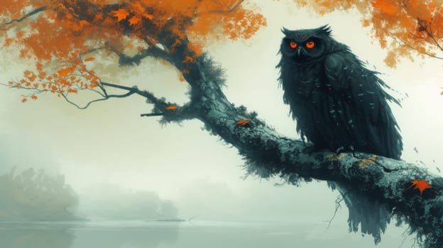 A black owl perched on a tree branch with orange eyes