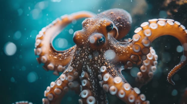 An octopus is swimming in the ocean with bubbles around it