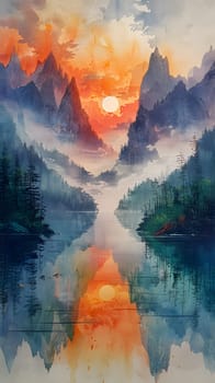 A beautiful painting depicting a sunset over a lake with mountains in the background, capturing the natural landscape and atmospheric phenomenon of the ecoregion