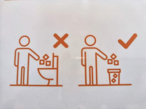 Guidance on correctly disposing of waste in restroom. Public Restroom Sign Illustrating Proper Trash Disposal
