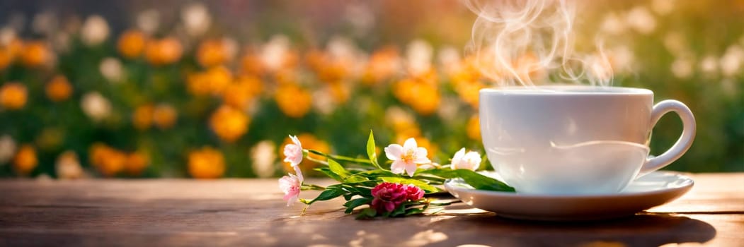 cup of tea and flowers in the garden. Selective focus. drink.