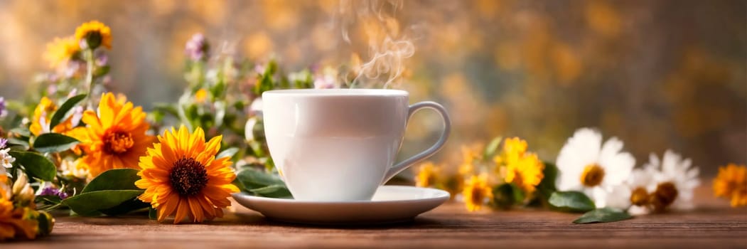 cup of tea and flowers in the garden. Selective focus. drink.