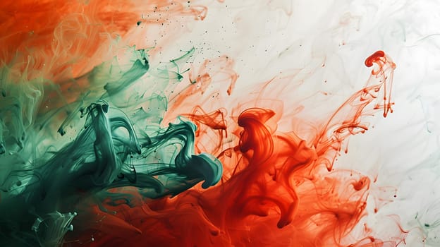 A mixture of green and red ink creates a vibrant contrast on a blank canvas. The combination of colors evokes a sense of energy and creativity in the world of visual arts