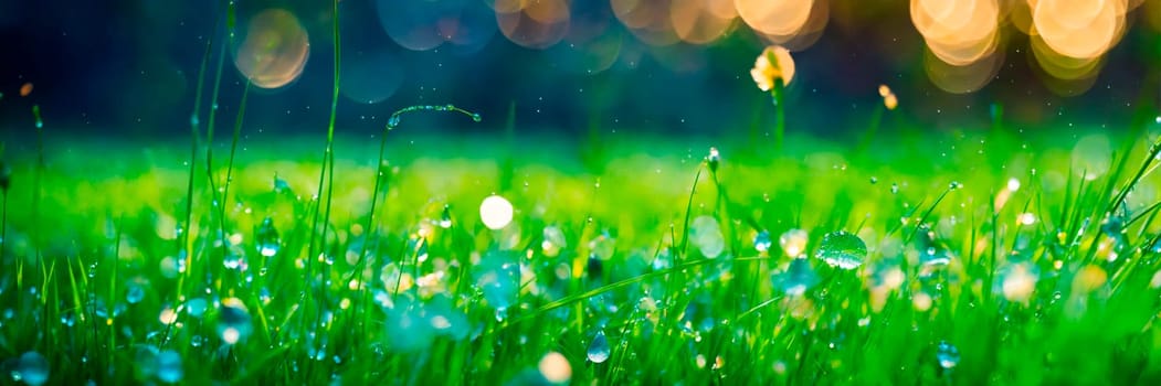 dew on the grass rays of the sun. Selective focus. nature.