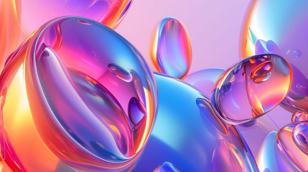 Abstract pink and cyan shiny bubble shapes background and wallpaper. Neural network generated in January 2024. Not based on any actual scene or pattern.