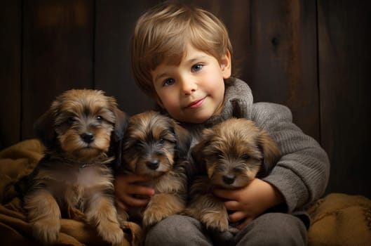 Small Little boy cute puppy. Animal floor love. Generate Ai