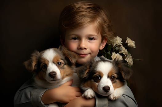 Innocent Little boy cute puppy. Animal floor love. Generate Ai