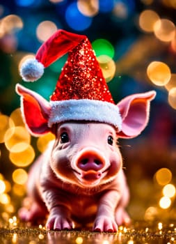 pig in santa's hat year of the pig. Selective focus. holiday.