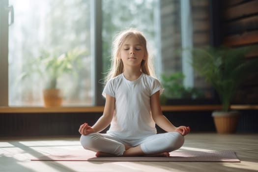 Little girl yoga pose on floor mat. Small acrobatics. Generate Ai