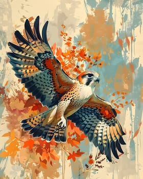 A beautiful painting of a Ringnecked pheasant soaring in the sky, showcasing the birds majestic wings and vibrant colors