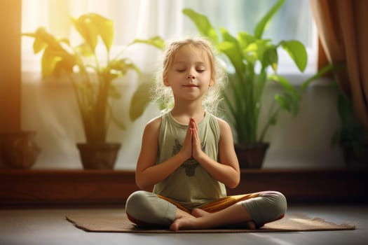 Flexible Little girl yoga pose on floor mat. Small acrobatics. Generate Ai