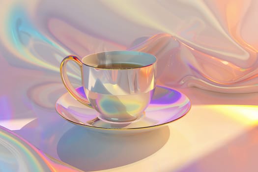 A clear glass coffee cup on a vibrant, multicolored abstract background. exhibiting a playful mix of light and color. Generative AI.