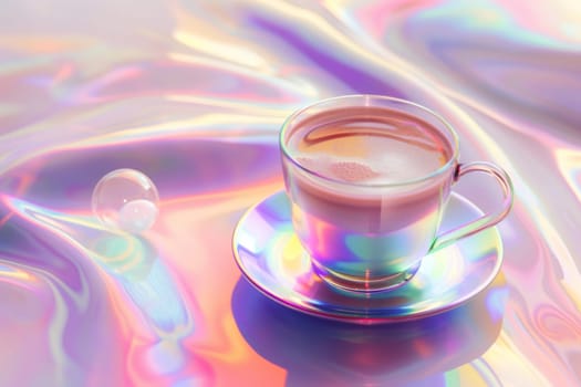 A clear glass coffee cup on a vibrant, multicolored abstract background. exhibiting a playful mix of light and color. Generative AI.