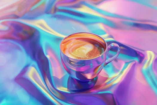 A clear glass coffee cup on a vibrant, multicolored abstract background. exhibiting a playful mix of light and color. Generative AI.