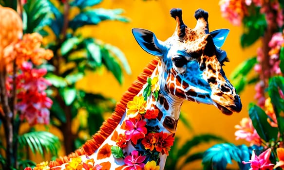 portrait of a giraffe with flowers. Selective focus. animal.