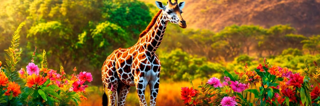 portrait of a giraffe with flowers. Selective focus. animal.