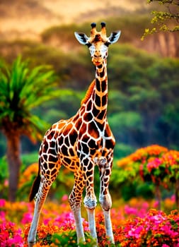 portrait of a giraffe with flowers. Selective focus. animal.