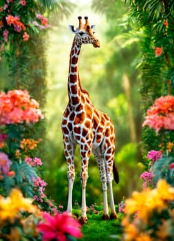 portrait of a giraffe with flowers. Selective focus. animal.