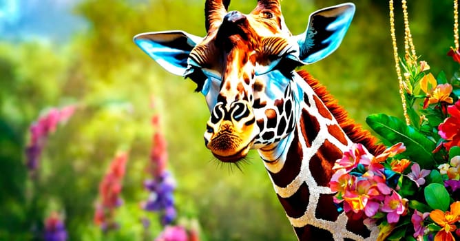 portrait of a giraffe with flowers. Selective focus. animal.