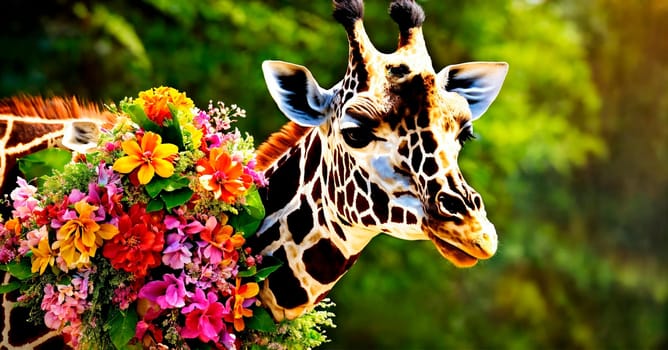 portrait of a giraffe with flowers. Selective focus. animal.