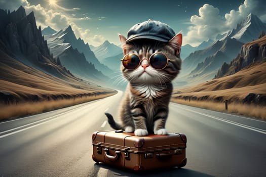 A beautiful young cat with suitcases stands on the road, the cat is a traveler. AI generated image.