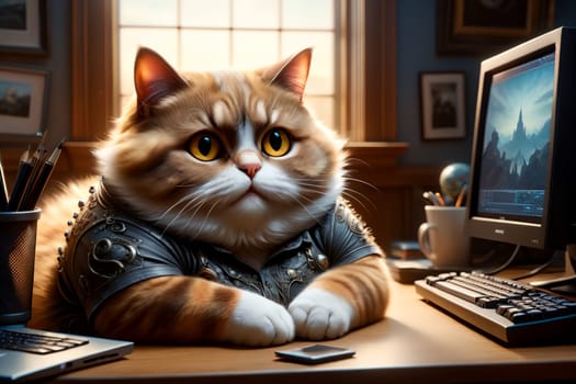 A fat cat in a T-shirt is sitting at the office table in front of a computer .AI generated image.