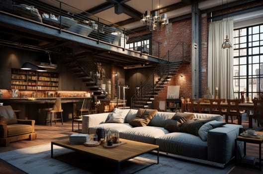 Rustic Loft style house sofa. Modern living room. Generate Ai