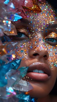 Closeup of a happy womans face adorned with glitter and crystals, showcasing her nose, mouth, jaw, and eyelashes. An artistic display with electric blue accents, perfect for a special event