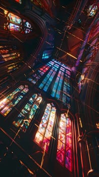 The buildings stained glass windows were a mesmerizing display of tints and shades, with vibrant magenta and electric blue patterns illuminating the darkness of the church
