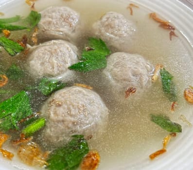 Delicious beef meatball soup tasty and healthy soup cooking also known as Bakso in Indonesia