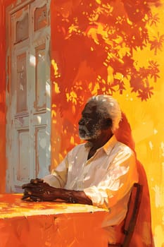 A painting by the artist featuring a man sitting at a table in front of an orange wall, with tints and shades of amber. The window adds contrast to the wood and paint