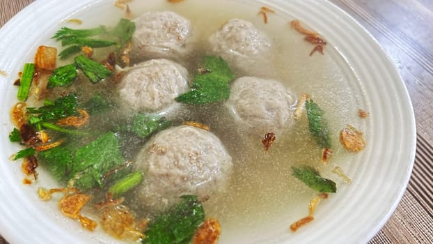 Delicious beef meatball soup tasty and healthy soup cooking also known as Bakso in Indonesia