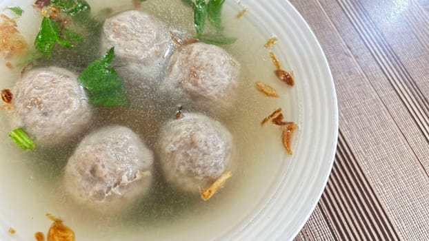 Delicious beef meatball soup tasty and healthy soup cooking also known as Bakso in Indonesia