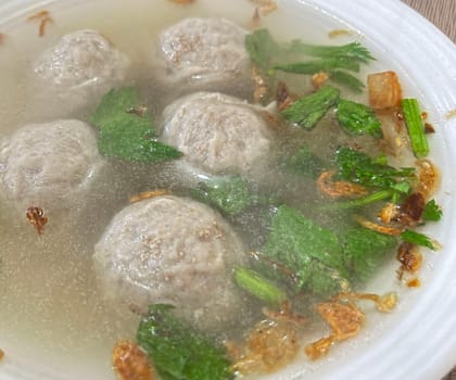 Delicious beef meatball soup tasty and healthy soup cooking also known as Bakso in Indonesia