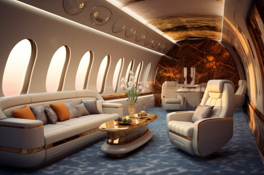 Luxury interior business jet flight. Corporate airplane. Generate Ai