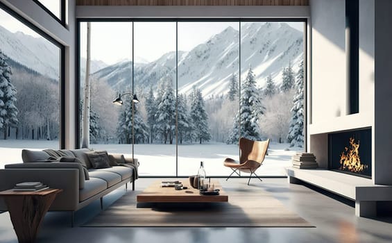Mountain view through wooden house chalet with modern interior, sofa, fire in winter