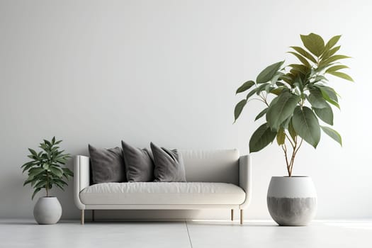 Green plant on scandinavian cabinet with drawer and a cozy couch with pillows in a gray, simple living room interior with copy space