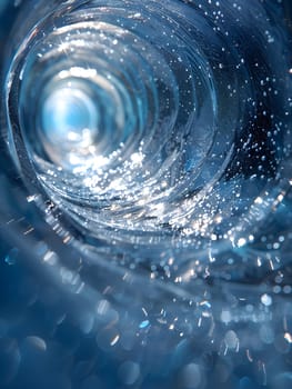 A closeup of a wind wave in the ocean, showing the fluid movement of water resources in an electric blue circle, under the vast sky