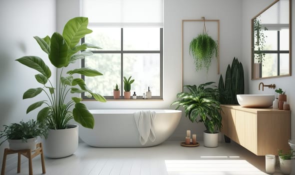 Stylish interior of bathroom with green houseplants, mirror and sunshine window