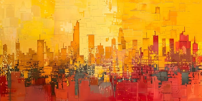 Vibrant cityscape painting featuring skyscrapers against an orange and red background, creating a striking contrast between urban and natural landscapes