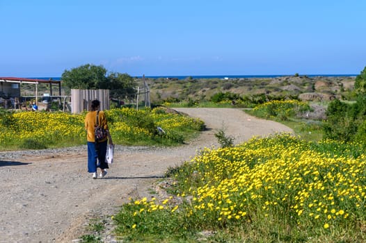 woman with a package walks through the village 1